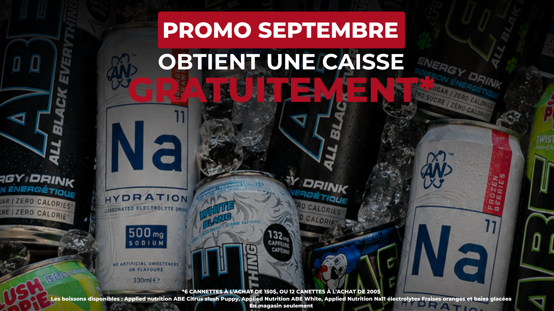 Promotion du mois de septembre : obtenez gratuitement une caisse de 6 canettes à l’achat de 150 $ ou de 12 canettes à l’achat de 200 $. Promotion en magasin seulement.